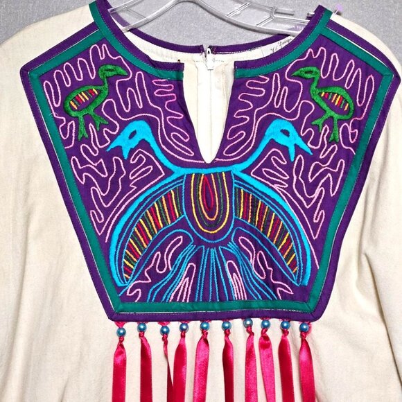 Victor Camarena Mexican Couture Resort Maxi Dress VTG 80s Embroidered Birds Sz M - Picture 4 of 9